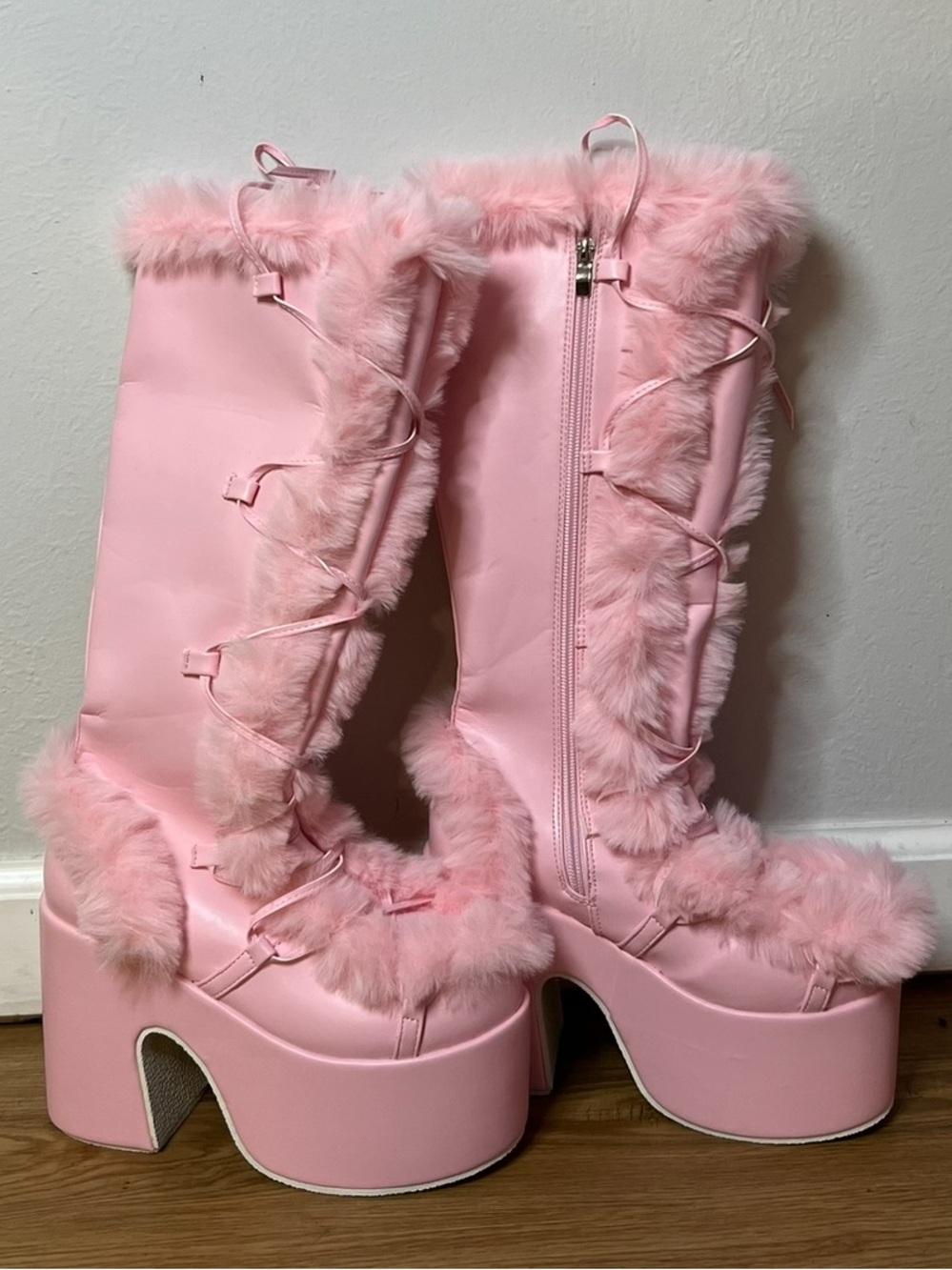 Pink Faux Fur Platform Knee-High Boots